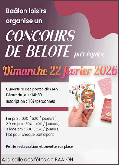 Concours de belote le 22 février à Baâlon